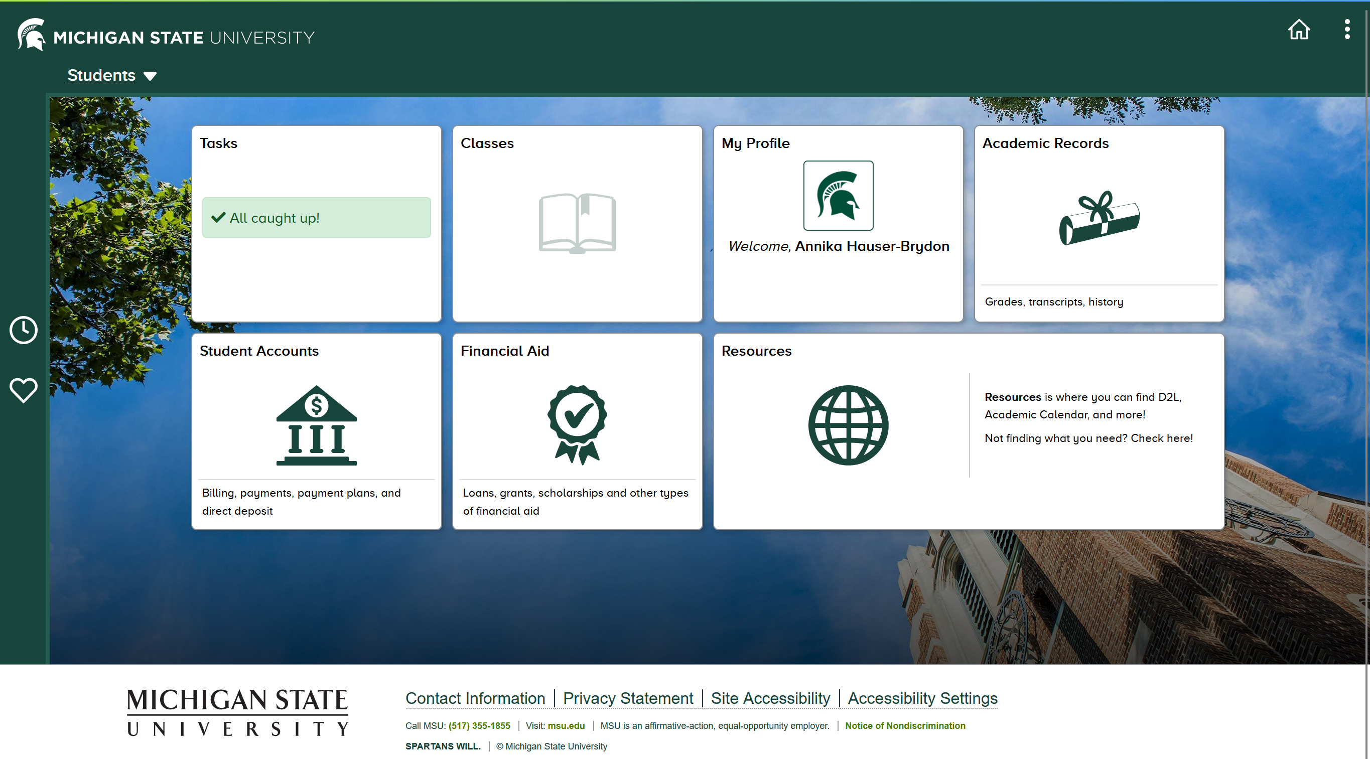 student information system homescreen